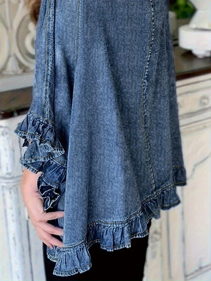 Women's Relaxed Denim Pullover Jacket – Medium Blue detail view