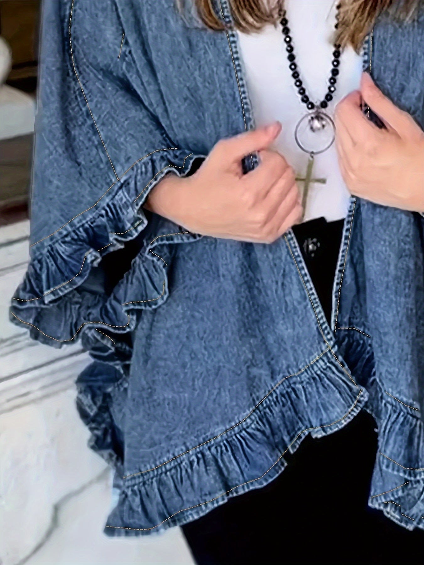 Women's Relaxed Denim Pullover Jacket – Medium Blue detail view
