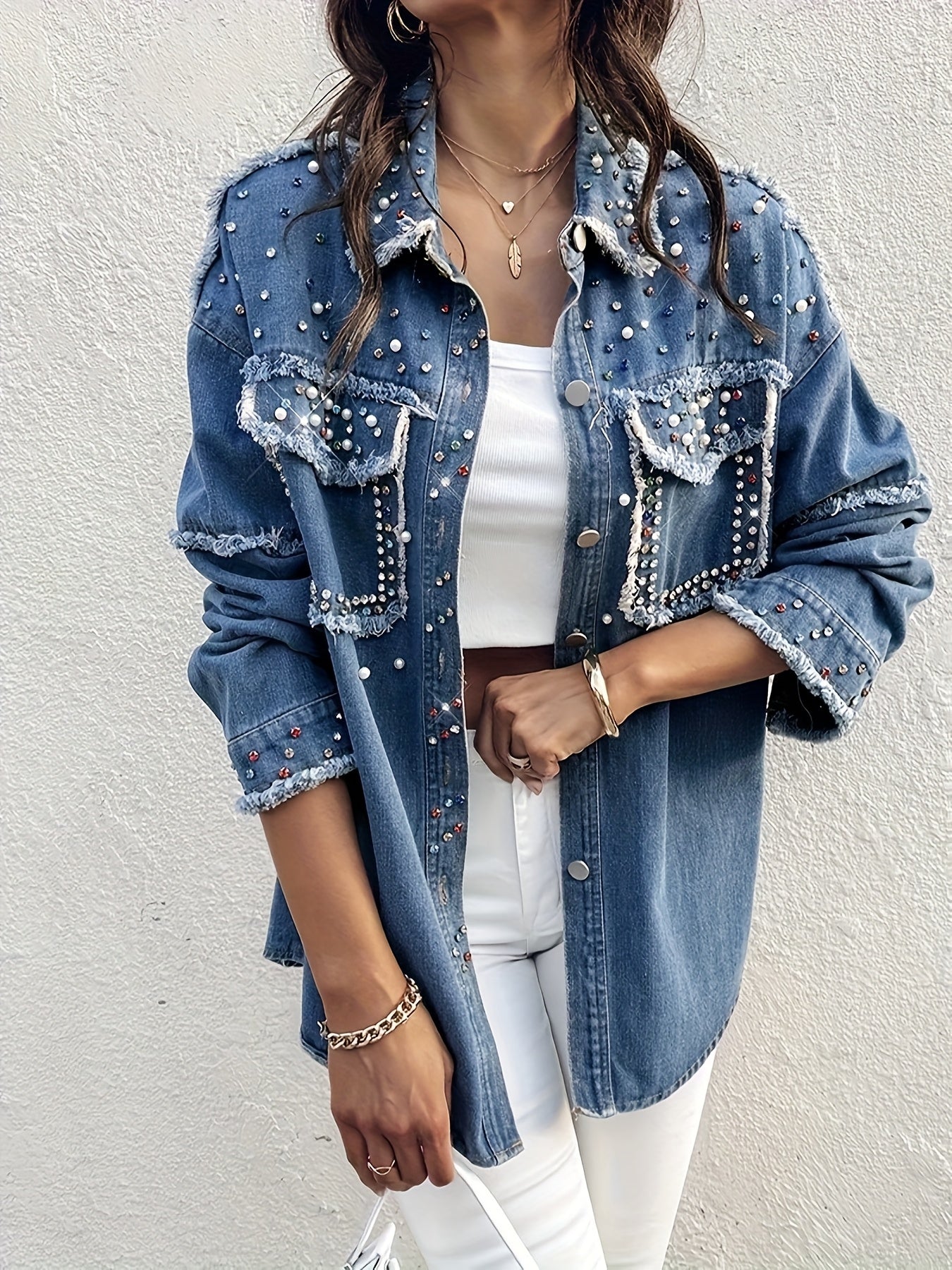 Women's Relaxed Denim Single-Breasted Jacket – Medium Blue – view 2