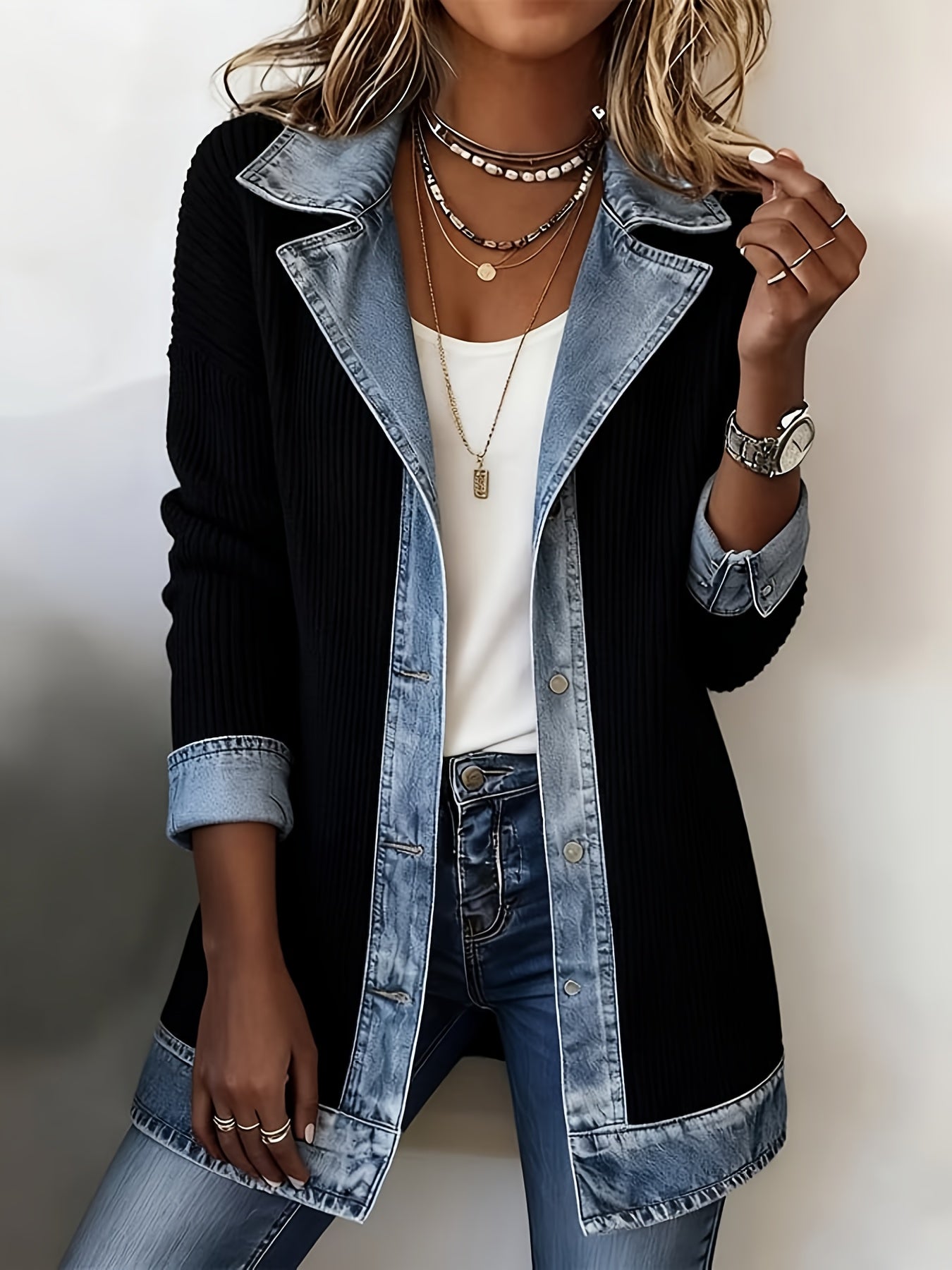 Women's Relaxed Denim Single-Breasted Jacket – White detail view