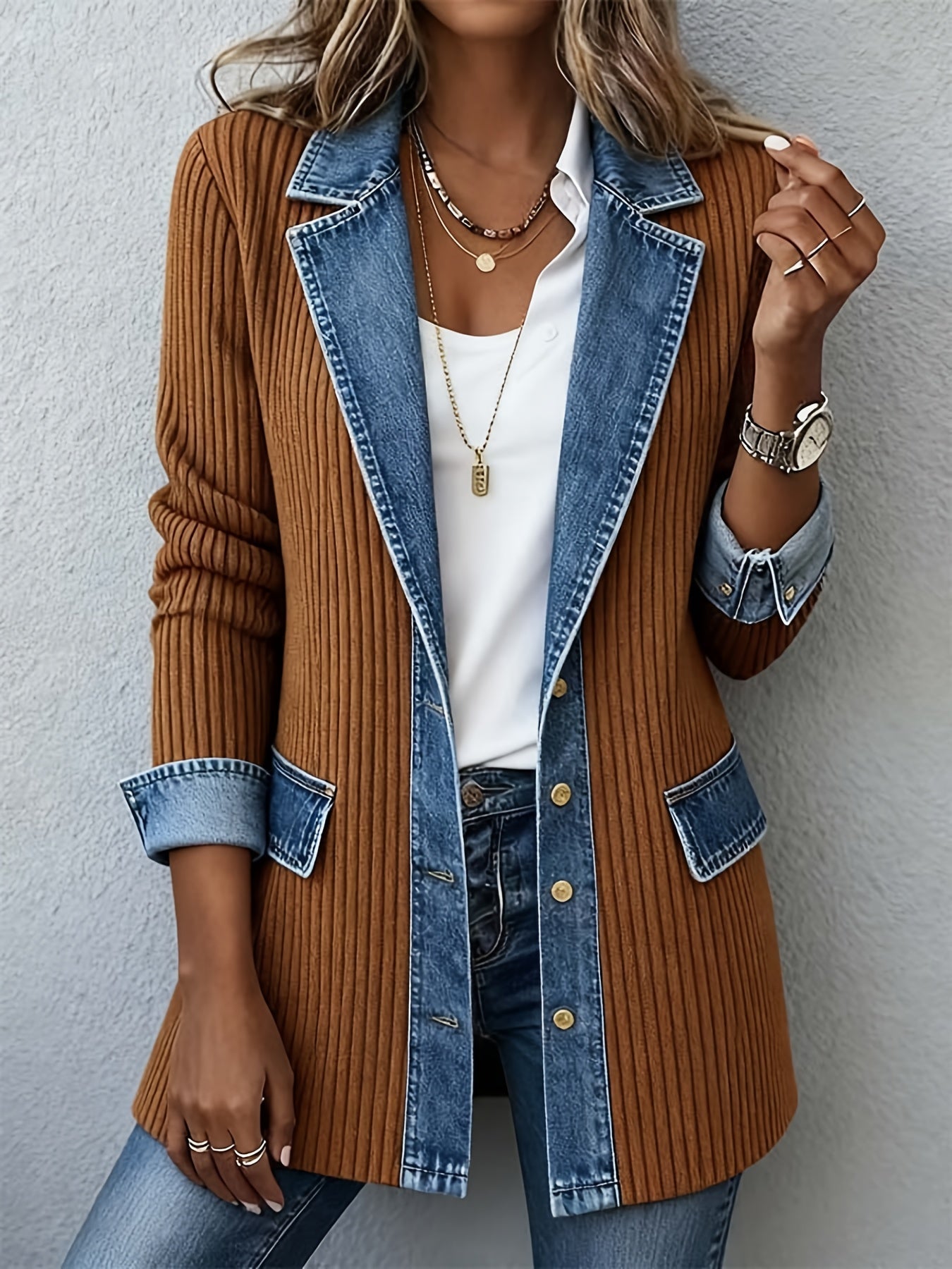 Women's Relaxed Denim Single-Breasted Jacket – White detail view