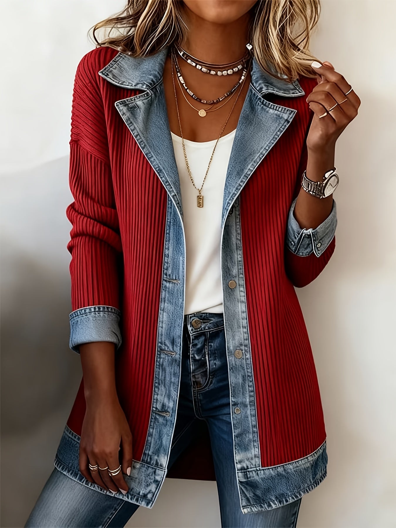 Women's Relaxed Denim Single-Breasted Jacket – White detail view