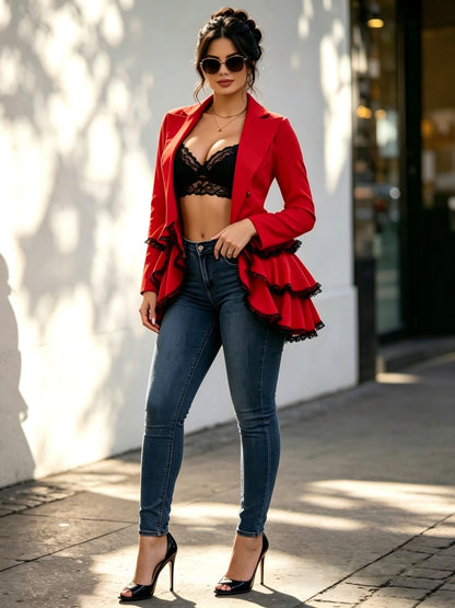 Women's Relaxed Double-Breasted Blazer – Black / Red detail view