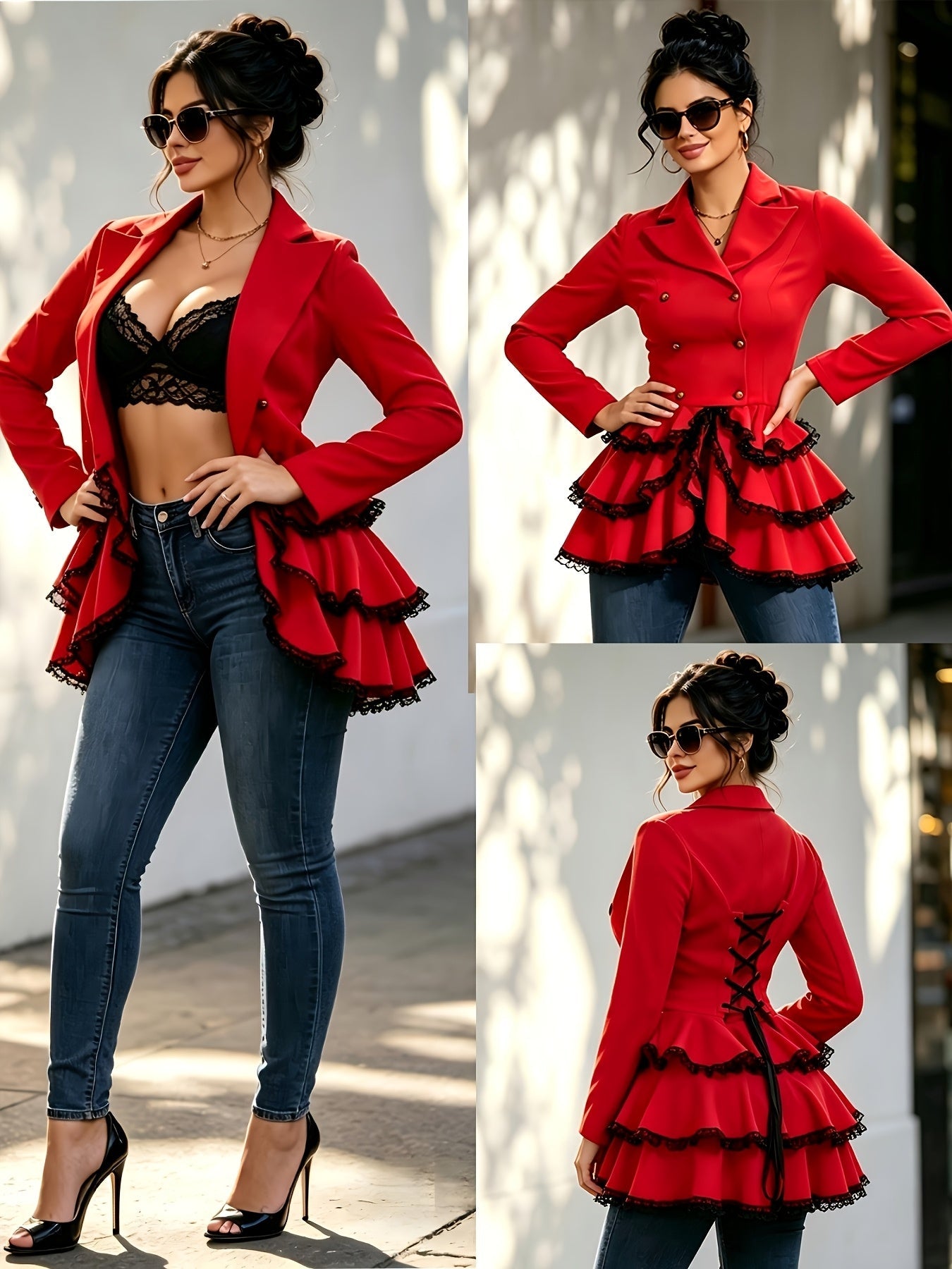 Women's Relaxed Double-Breasted Blazer – Black / Red detail view