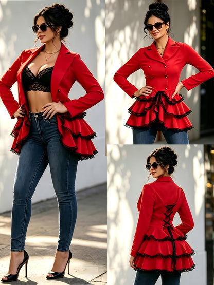 Women's Relaxed Double-Breasted Blazer – Black / Red detail view