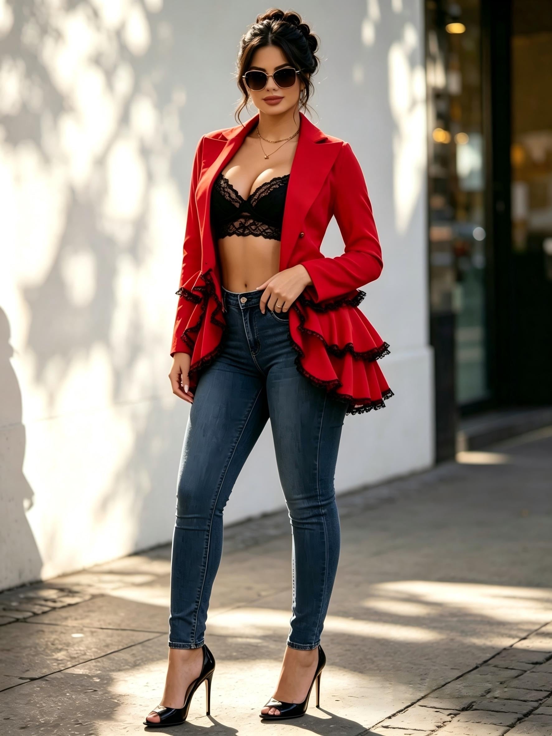 Women's Relaxed Double-Breasted Blazer – Black / Red detail view