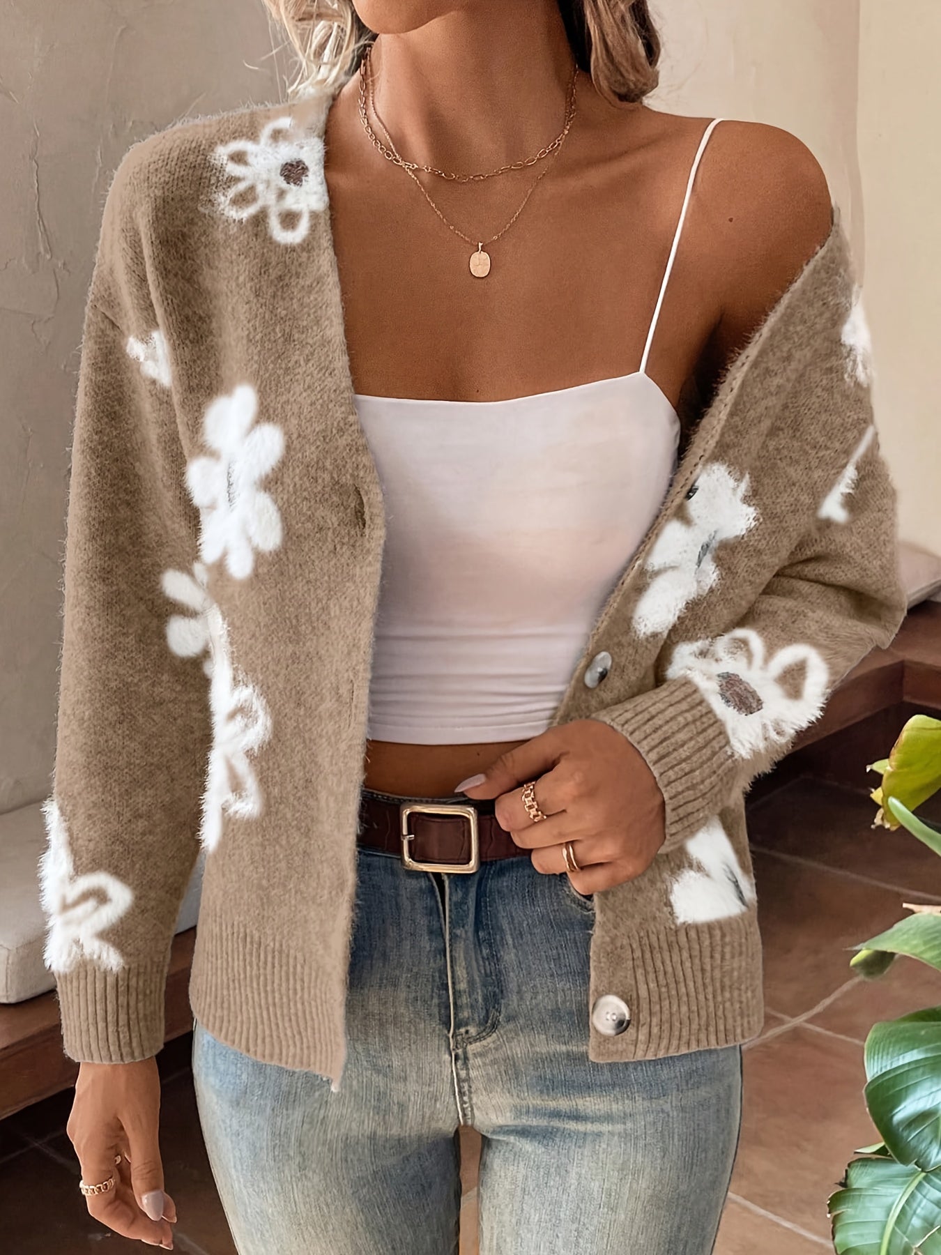 Women's Relaxed Floral Button-Front Cardigan detail view