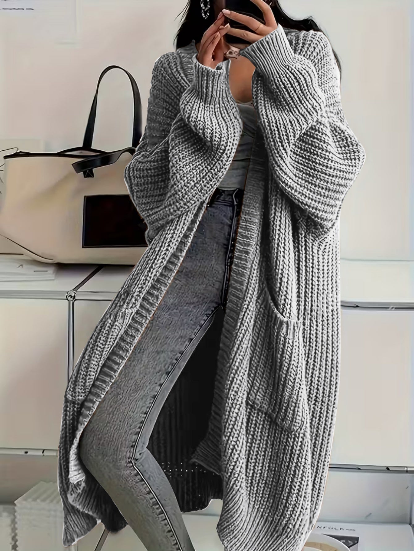 Women's Relaxed Graphic Open-Front Cardigan – White option – view 15