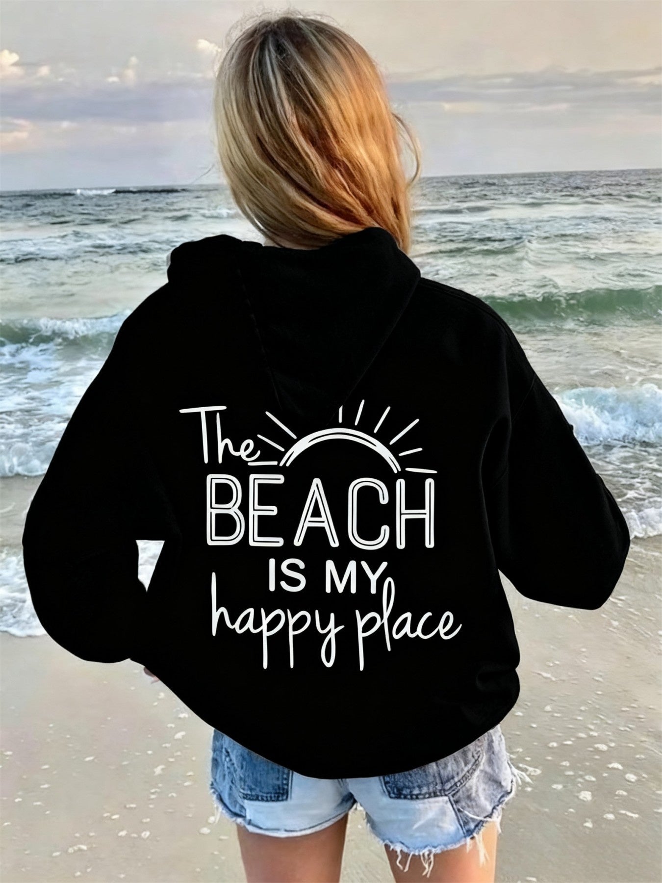 Women's Relaxed Graphic Pullover Hoodie – Black detail view