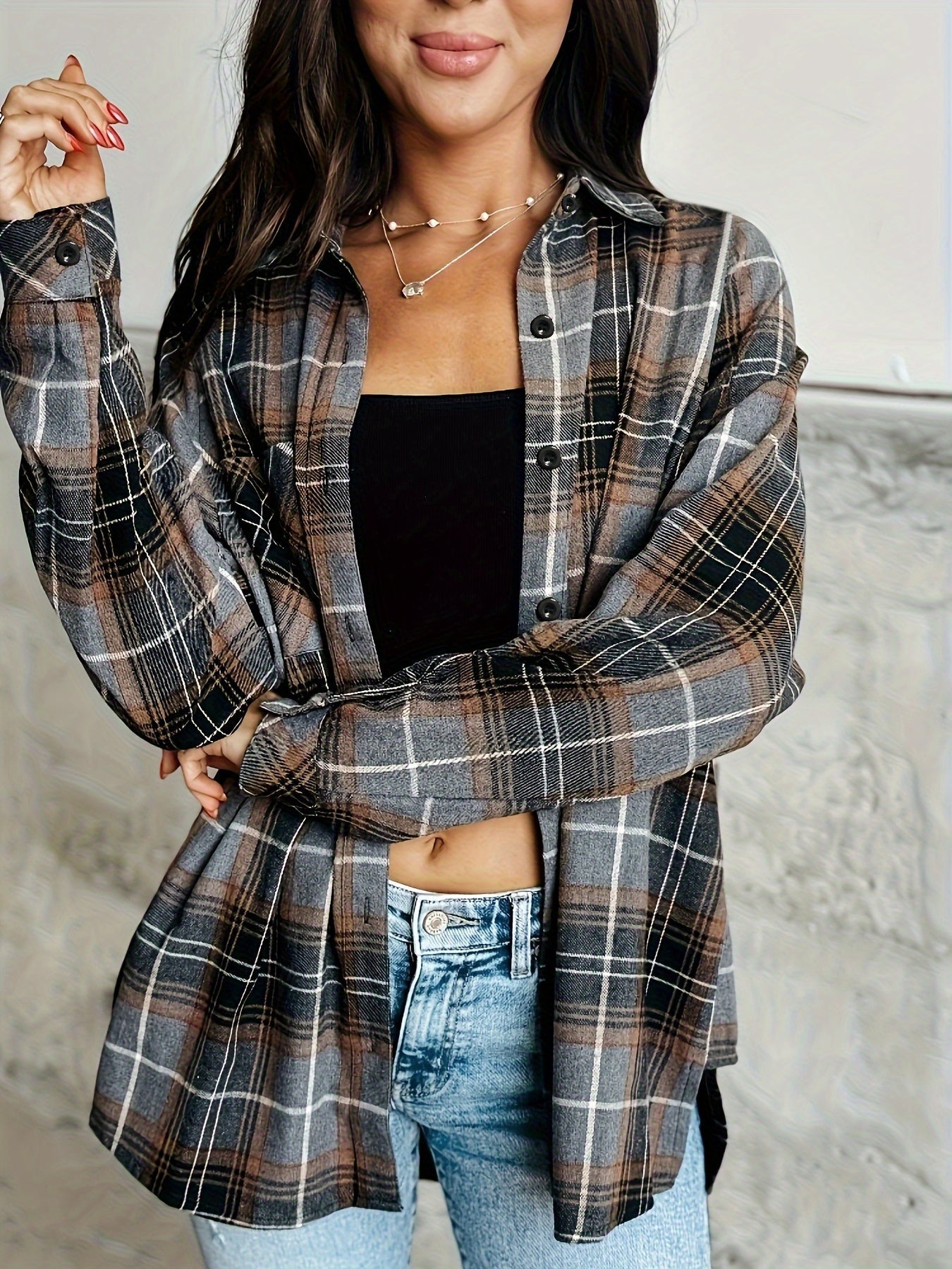 Women's Relaxed Plaid Button-Front Jacket detail view