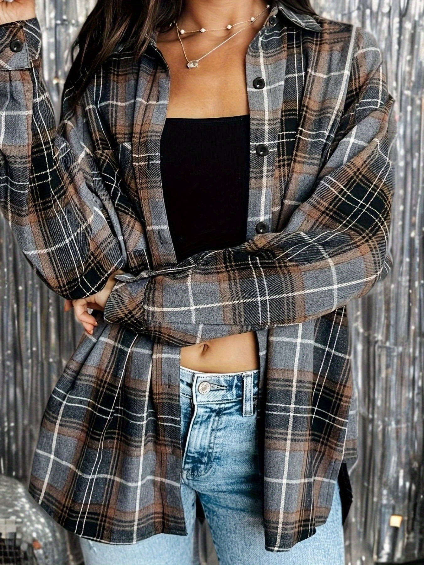 Women's Relaxed Plaid Button-Front Jacket – Gray option – main product image