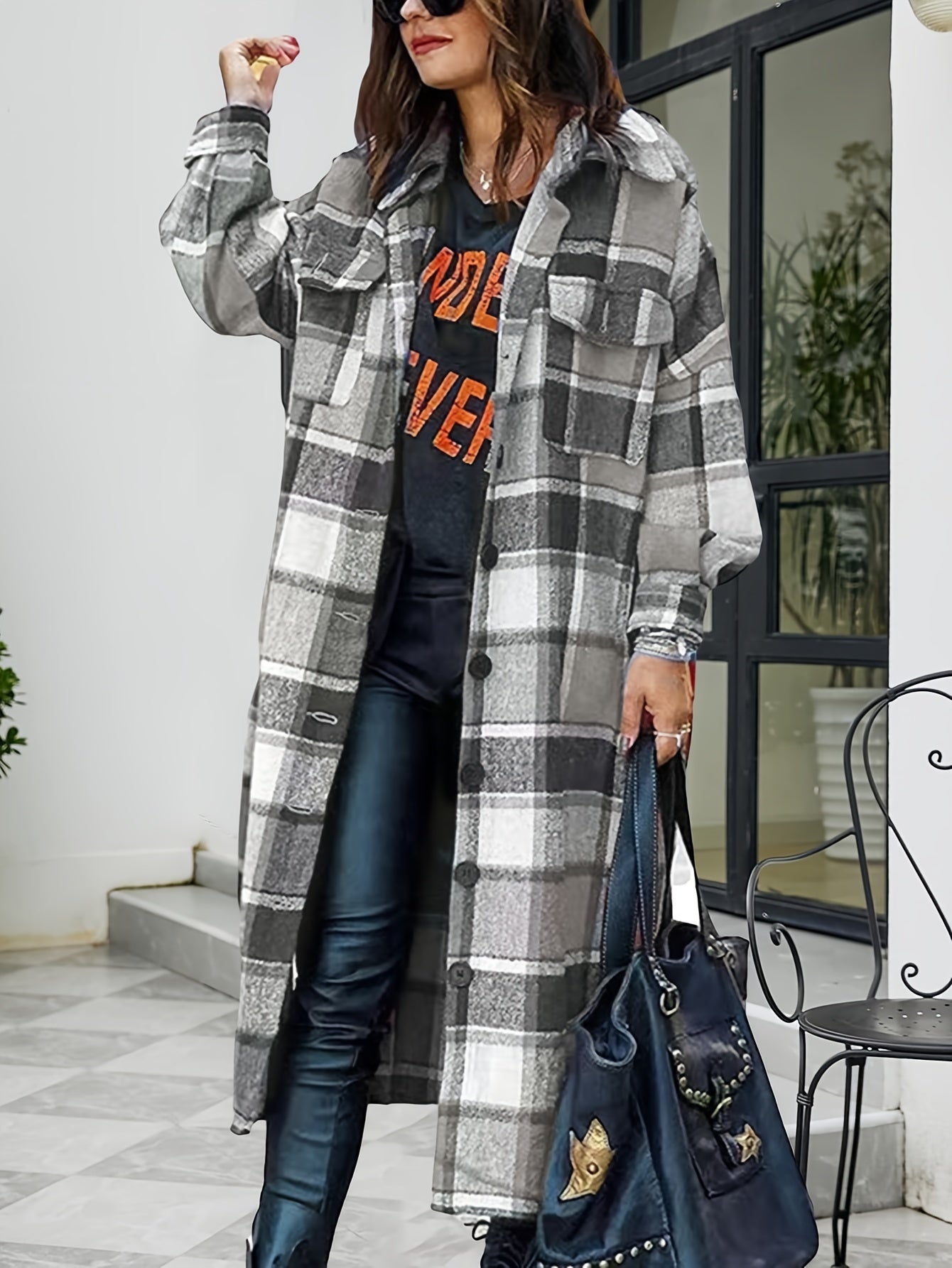 Women's Relaxed Plaid Button-Front Shacket detail view