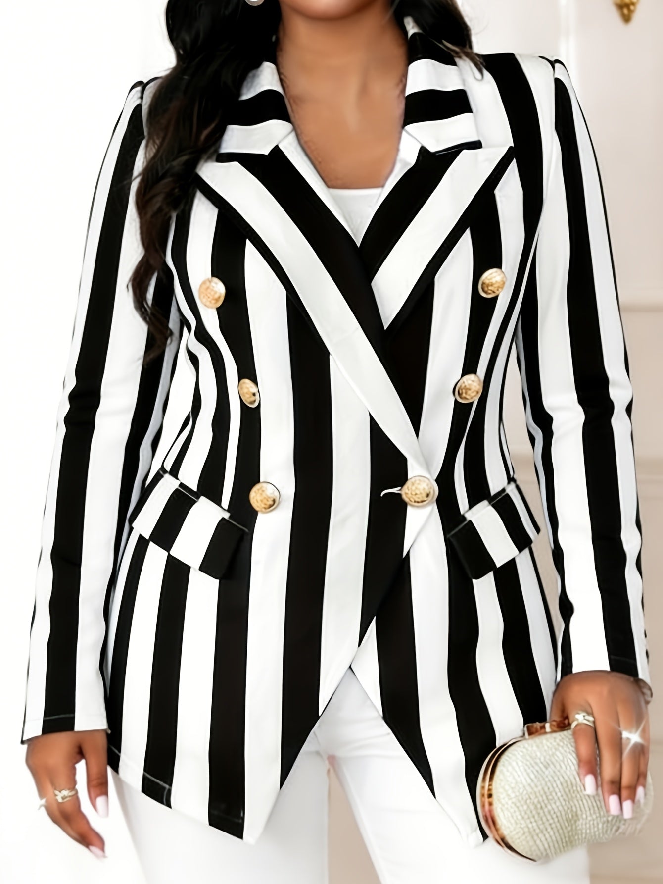 Women's Relaxed Striped Button-Front Blazer – Black option – main product image