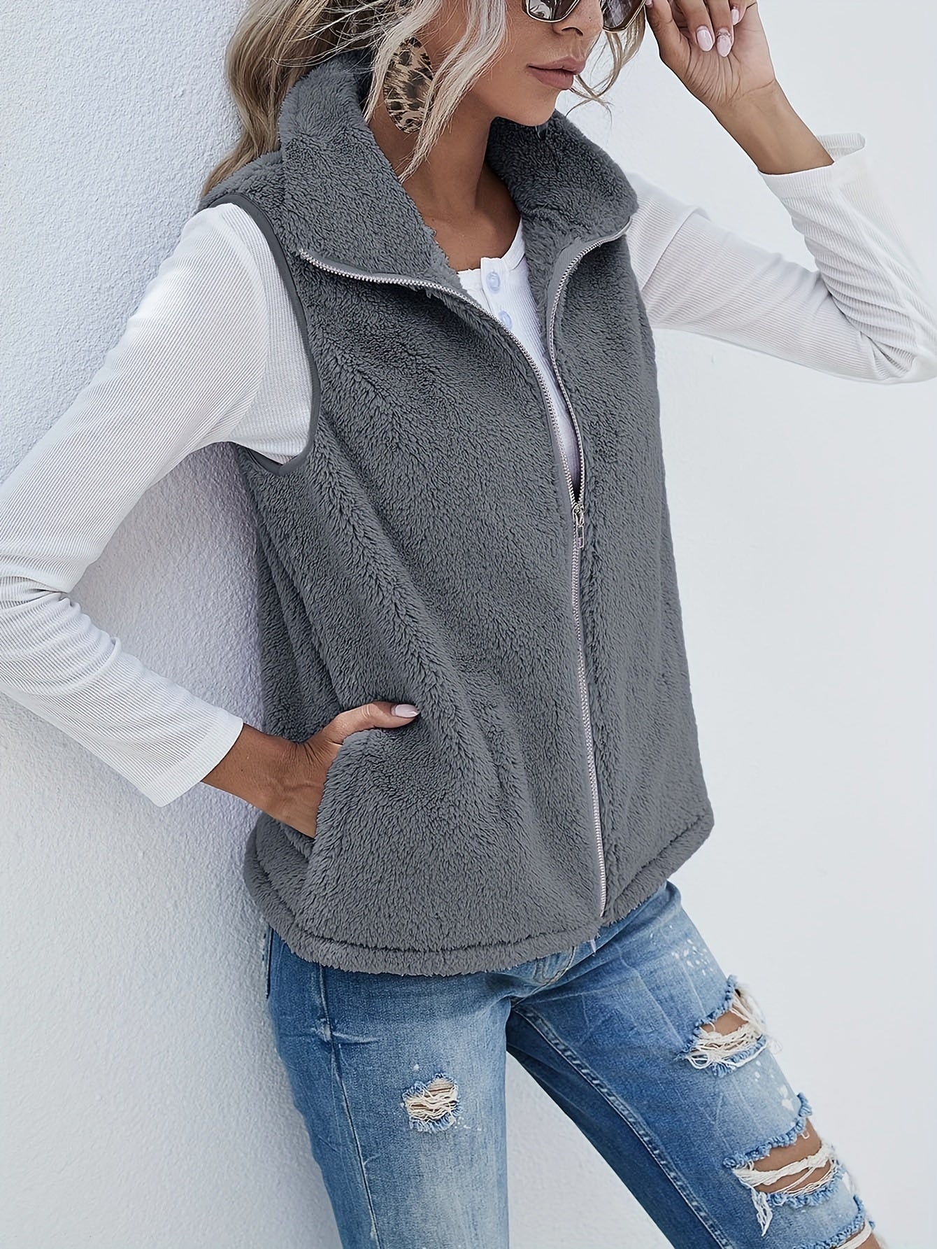 Women's Reversible Fleece Vest - Sleeveless Zip Front Pockets detail view
