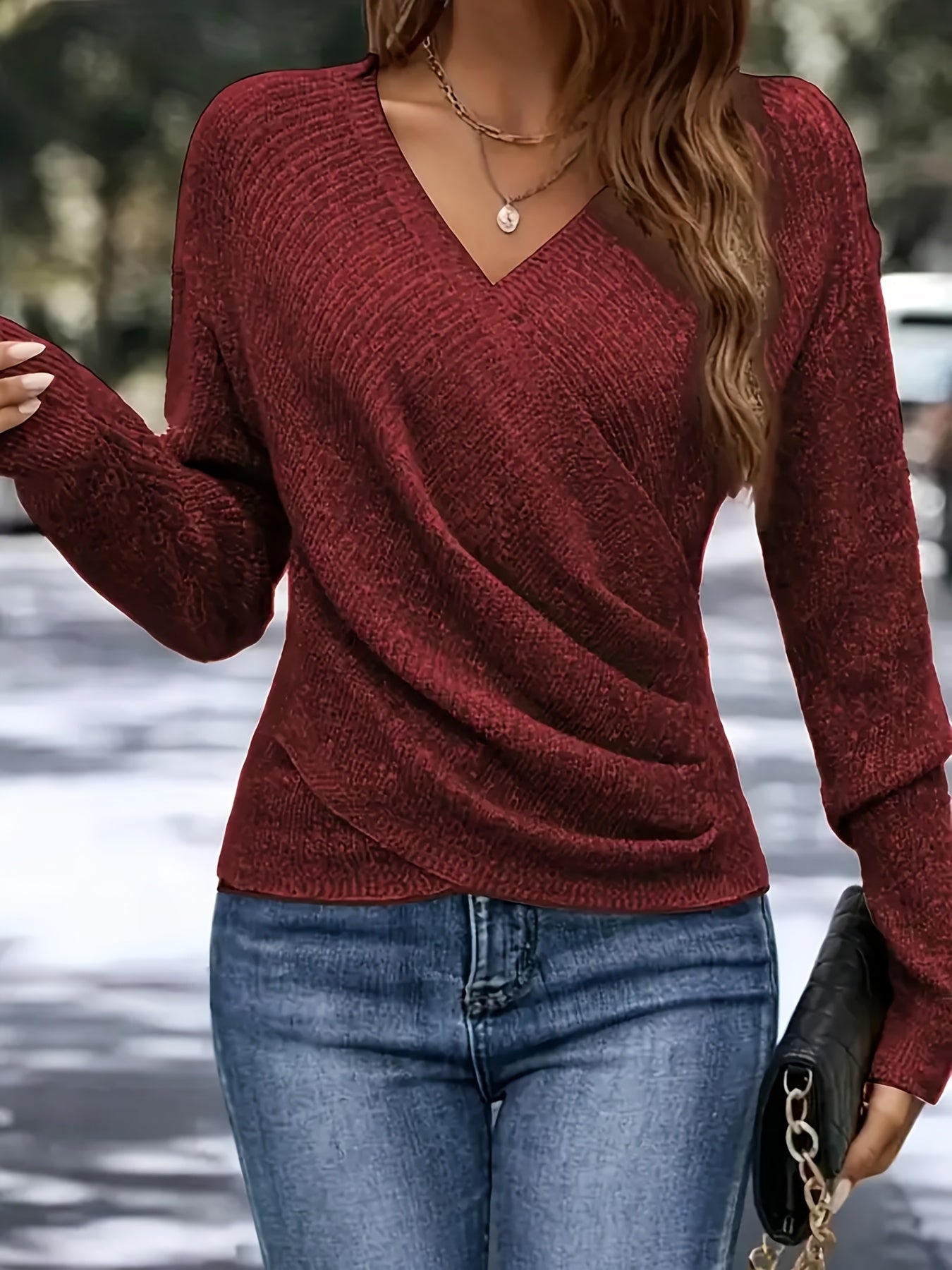 Women's Ribbed Sweater - V-Neck Long Sleeve – main product image