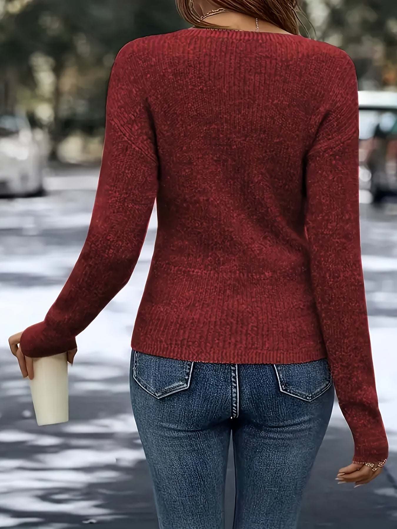 Women's Ribbed Sweater - V-Neck Long Sleeve detail view
