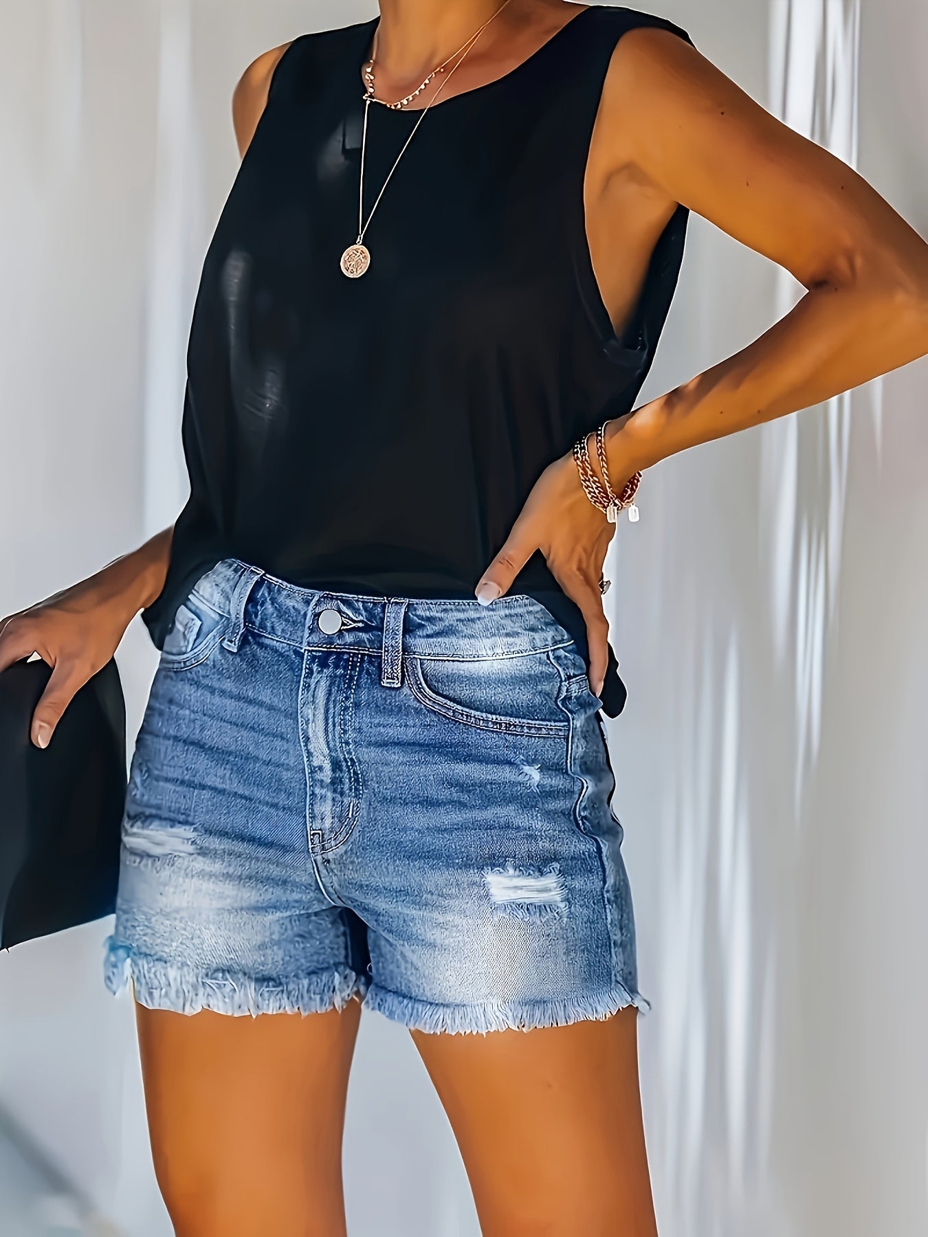 Women's Ripped Bermuda Denim Shorts - Frayed Hem detail view