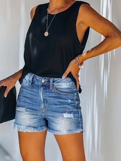Women's Ripped Bermuda Denim Shorts - Frayed Hem detail view