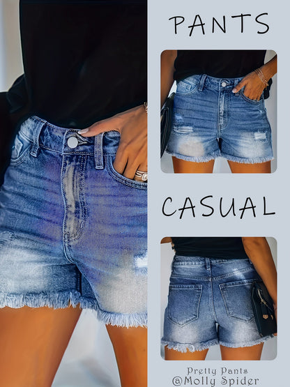 Women's Ripped Bermuda Denim Shorts - Frayed Hem – Blue option – main product image