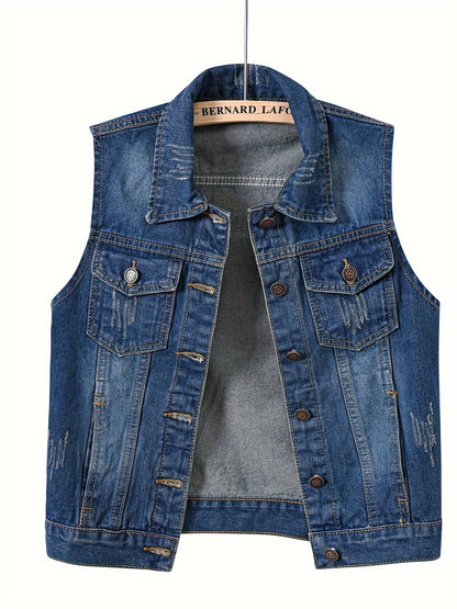 Women's Ripped Denim Vest - Sleeveless Button Front detail view