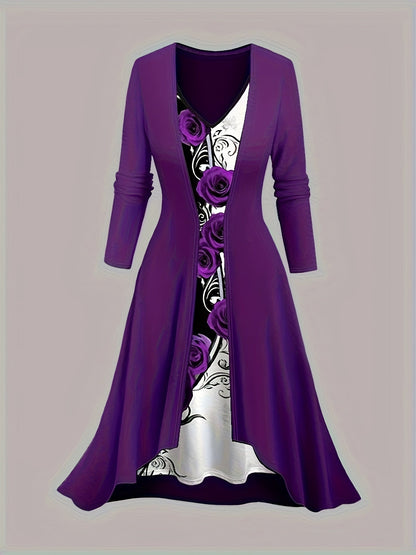 Women's Rose Print Dress and Cardigan Set - Butterfly Two-Piece Style detail view