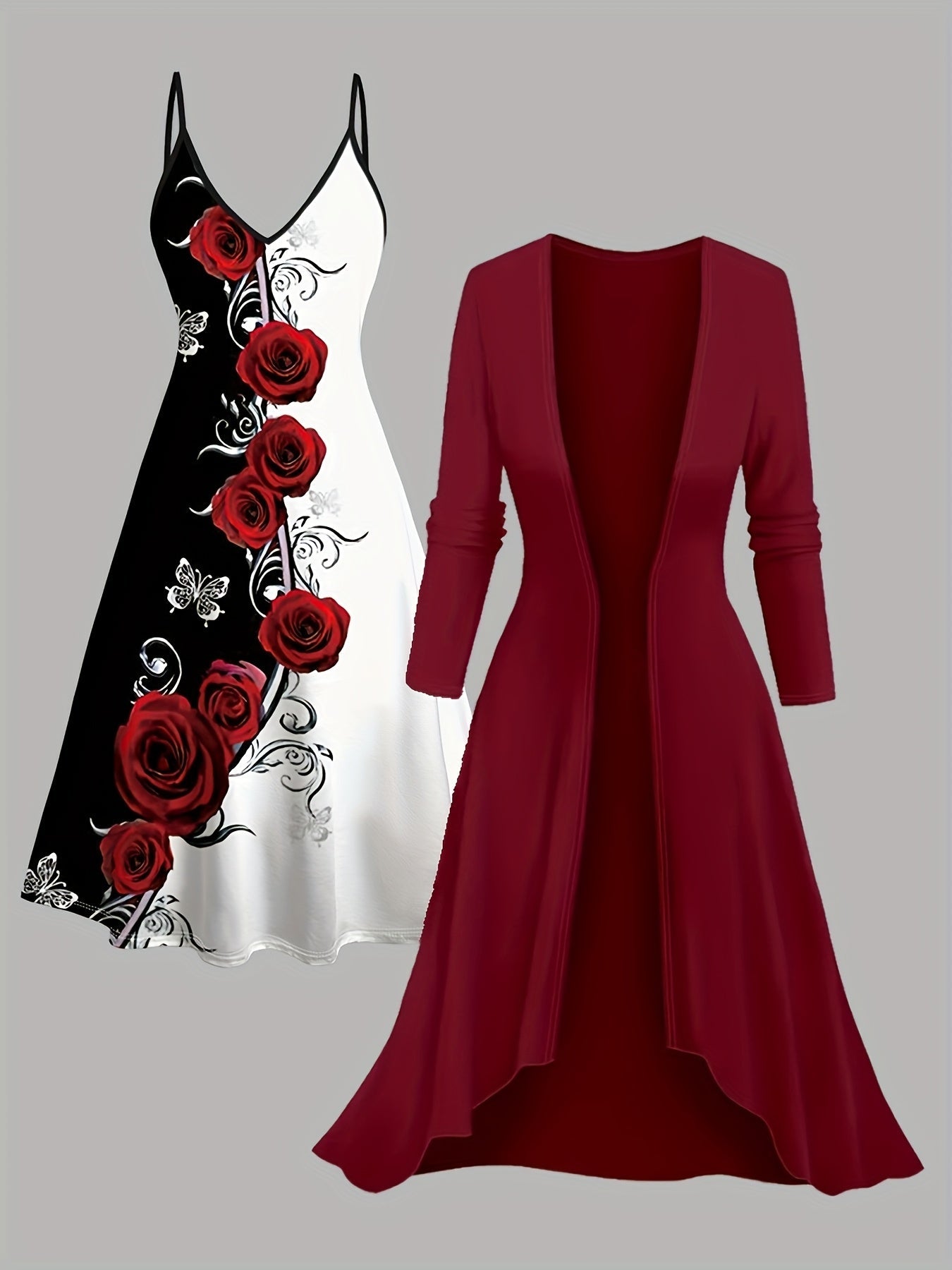 Women's Rose Print Dress and Cardigan Set - Butterfly Two-Piece Style detail view