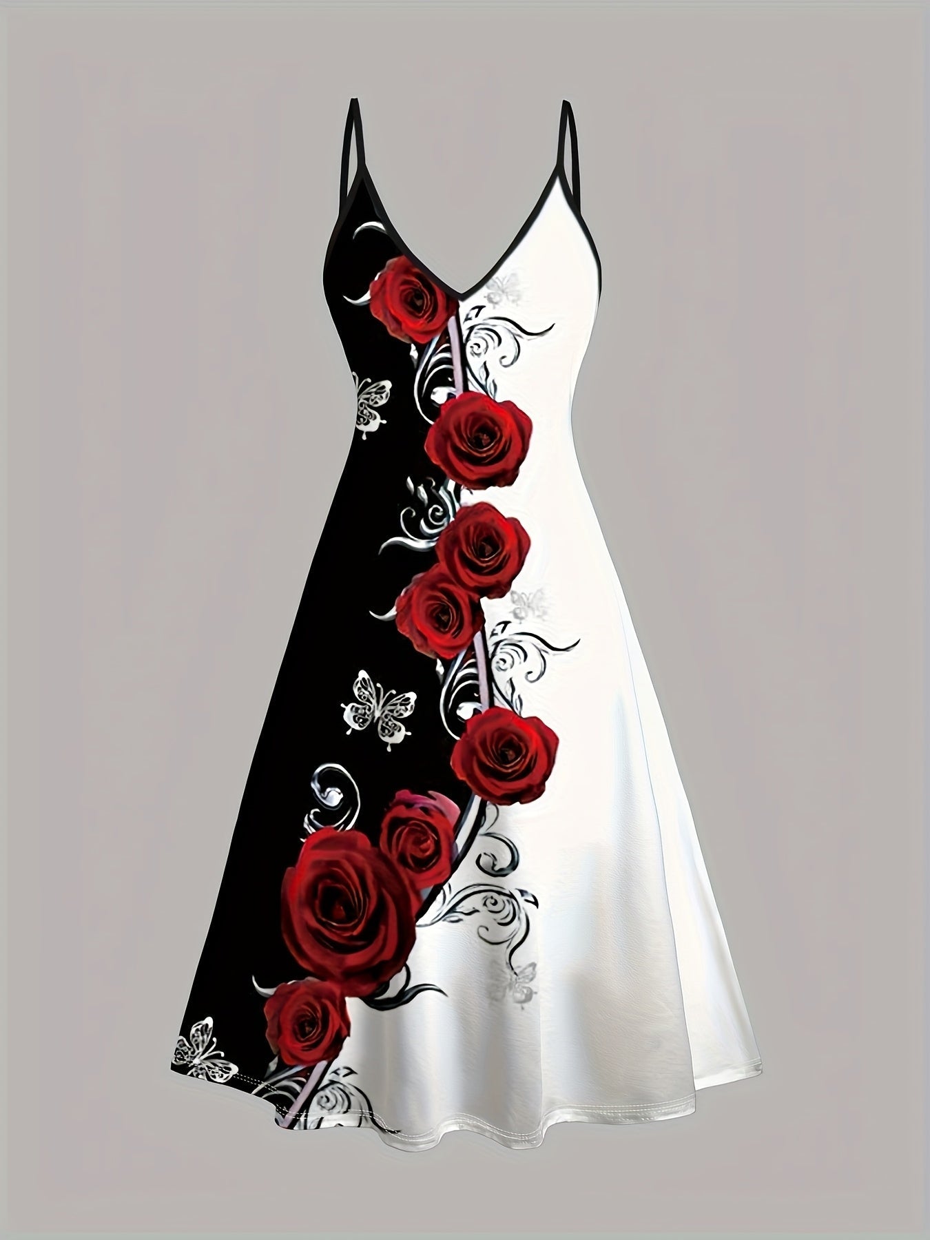 Women's Rose Print Dress and Cardigan Set - Butterfly Two-Piece Style detail view
