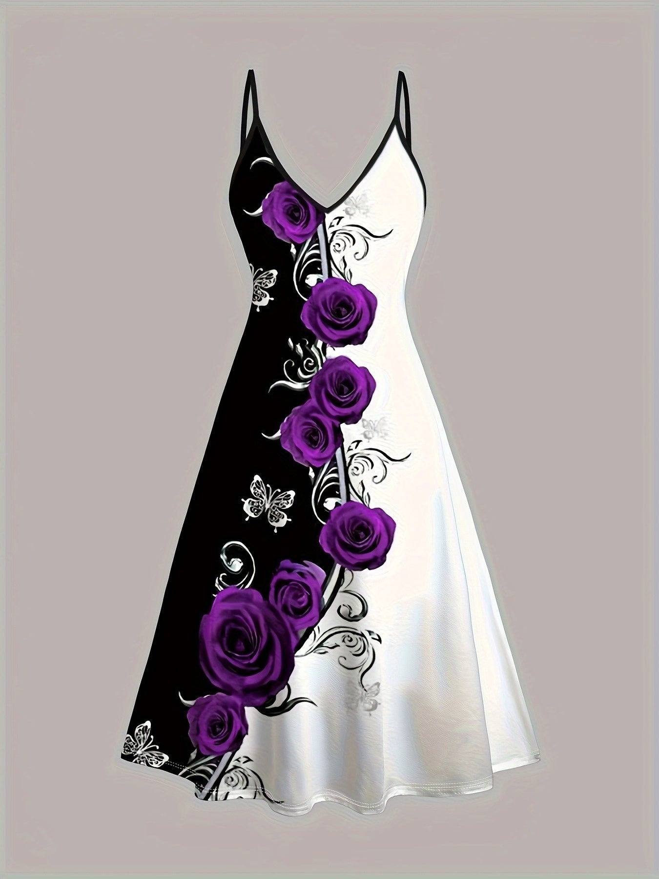 Women's Rose Print Dress and Cardigan Set - Butterfly Two-Piece Style detail view