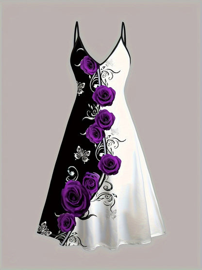 Women's Rose Print Dress and Cardigan Set - Butterfly Two-Piece Style detail view