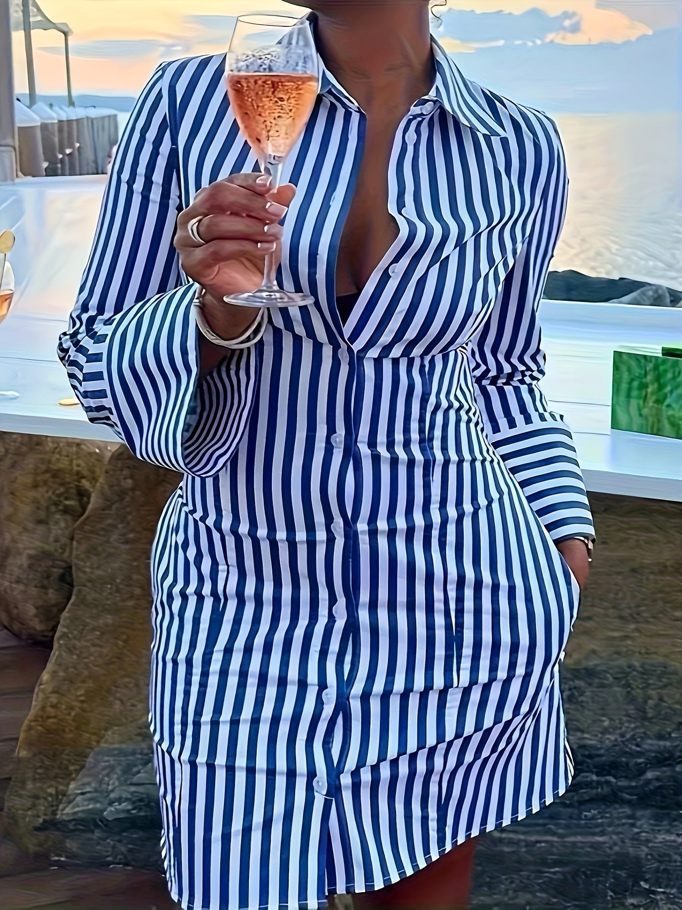 Women's Royal Blue Striped Shirt Dress - Pocket – Blue option – main product image