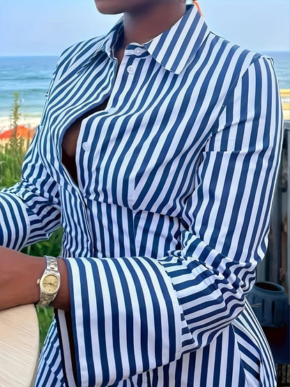 Women's Royal Blue Striped Shirt Dress - Pocket detail view