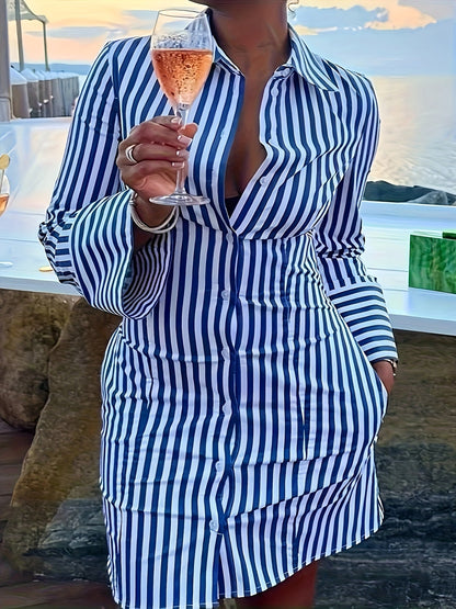 Women's Royal Blue Striped Shirt Dress - Pocket detail view
