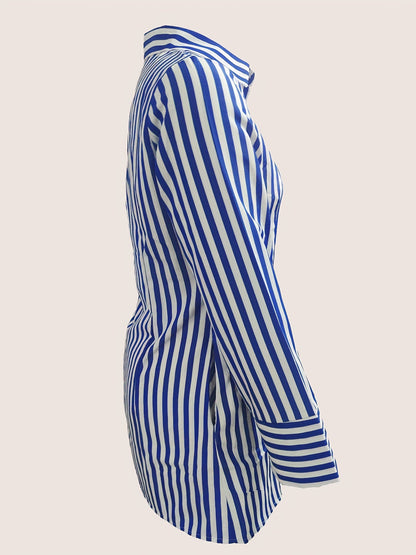 Women's Royal Blue Striped Shirt Dress - Pocket detail view