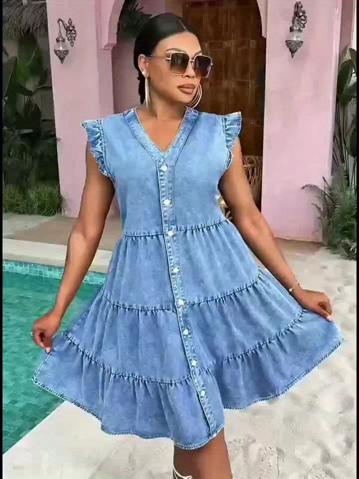 Women's Royal Blue V-Neck Casual Dress - Ruffle detail view