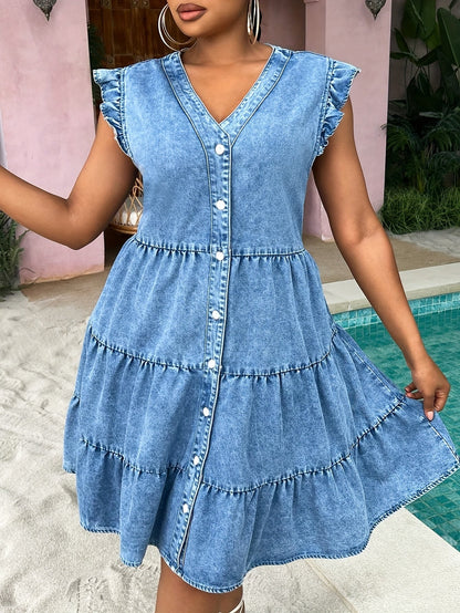 Women's Royal Blue V-Neck Casual Dress - Ruffle detail view