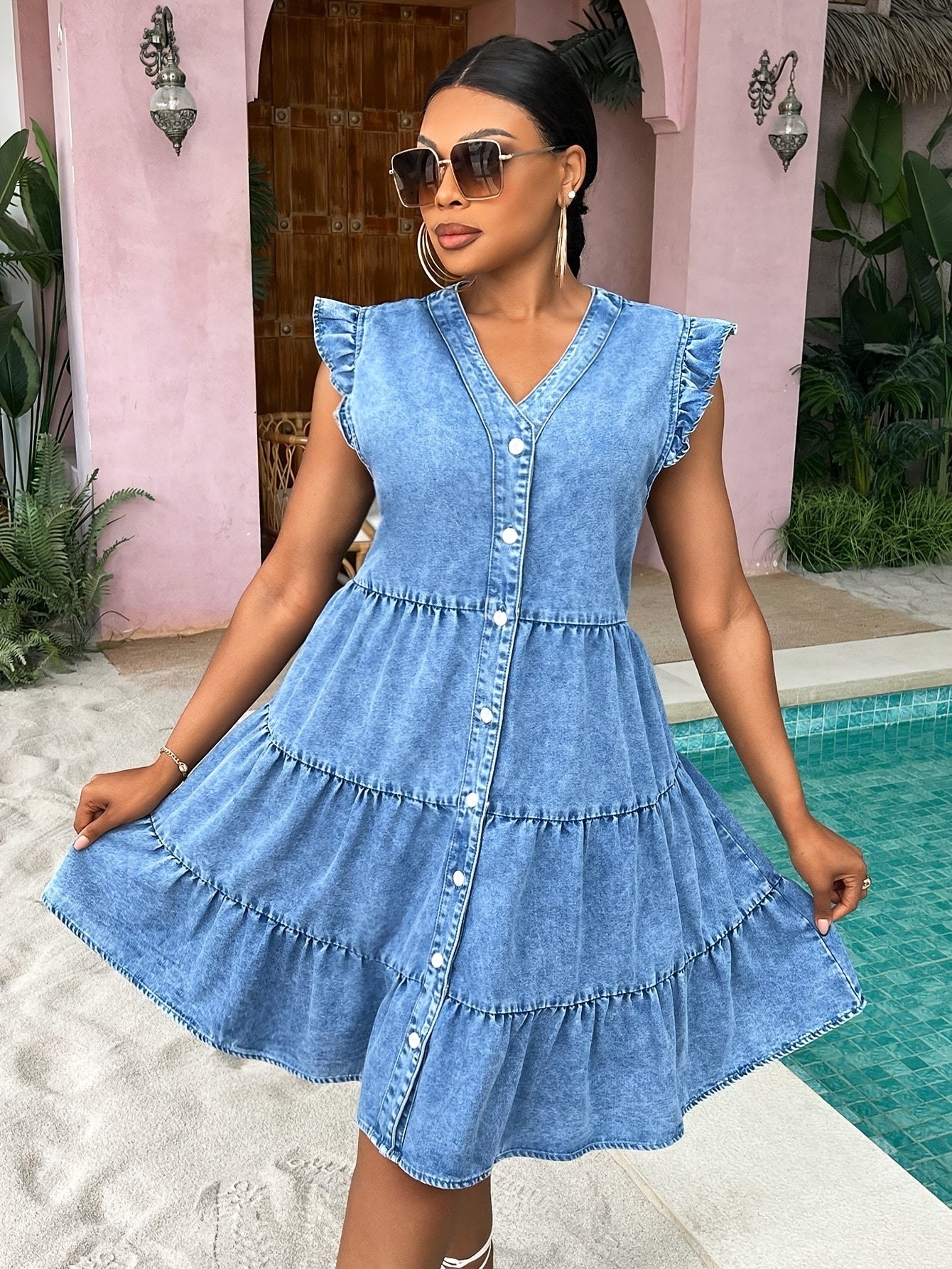 Women's Royal Blue V-Neck Casual Dress - Ruffle detail view