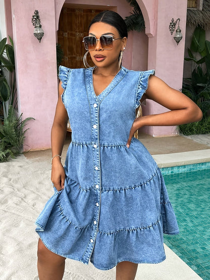 Women's Royal Blue V-Neck Casual Dress - Ruffle detail view