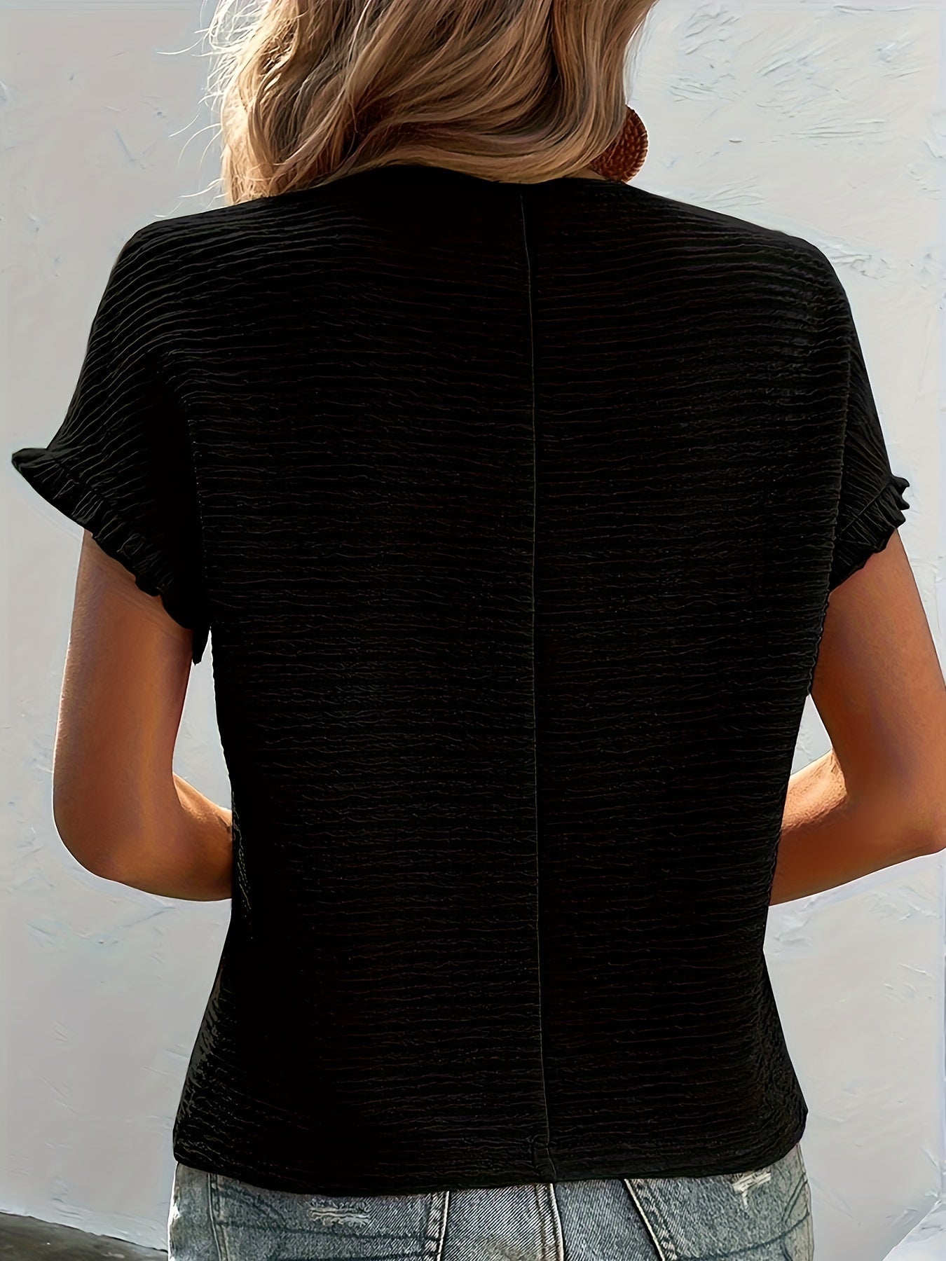 Women's Ruffle Detail Blouse - Classic Neck Short Sleeve detail view