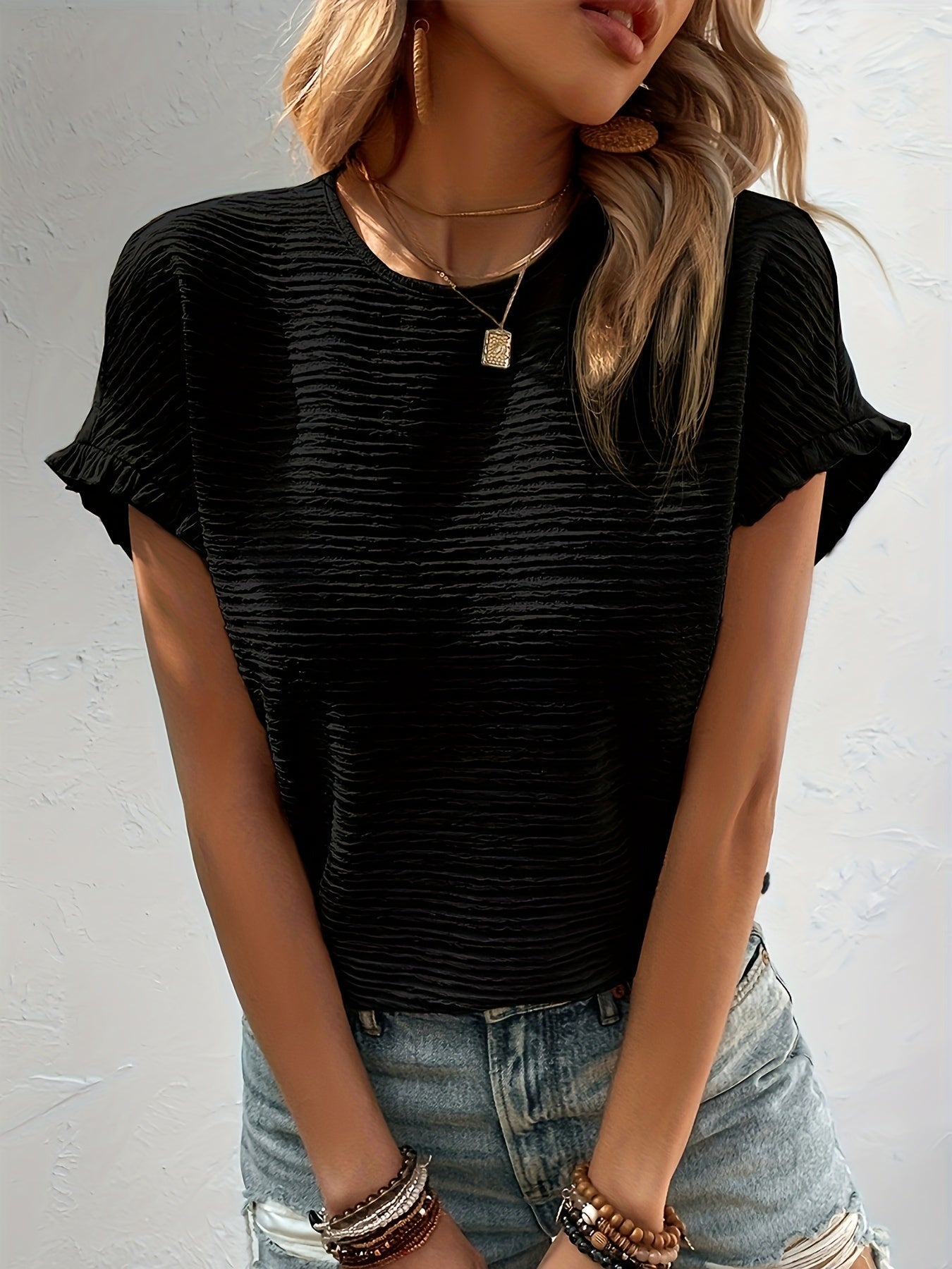 Women's Ruffle Detail Blouse - Classic Neck Short Sleeve detail view