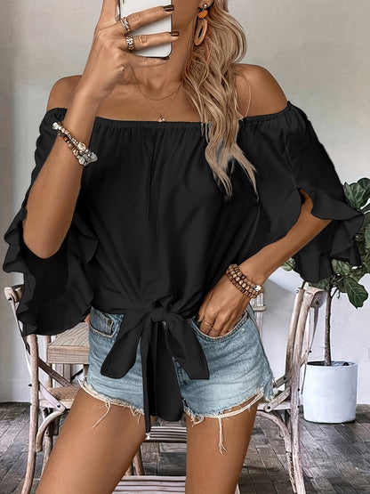 Women's Ruffle Detail Blouse - Off-Shoulder Three-Quarter Sleeve detail view