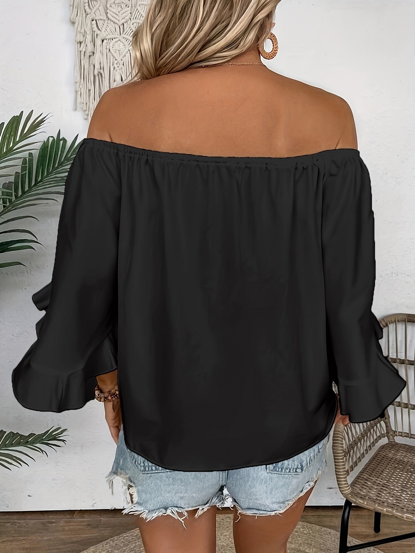 Women's Ruffle Detail Blouse - Off-Shoulder Three-Quarter Sleeve detail view