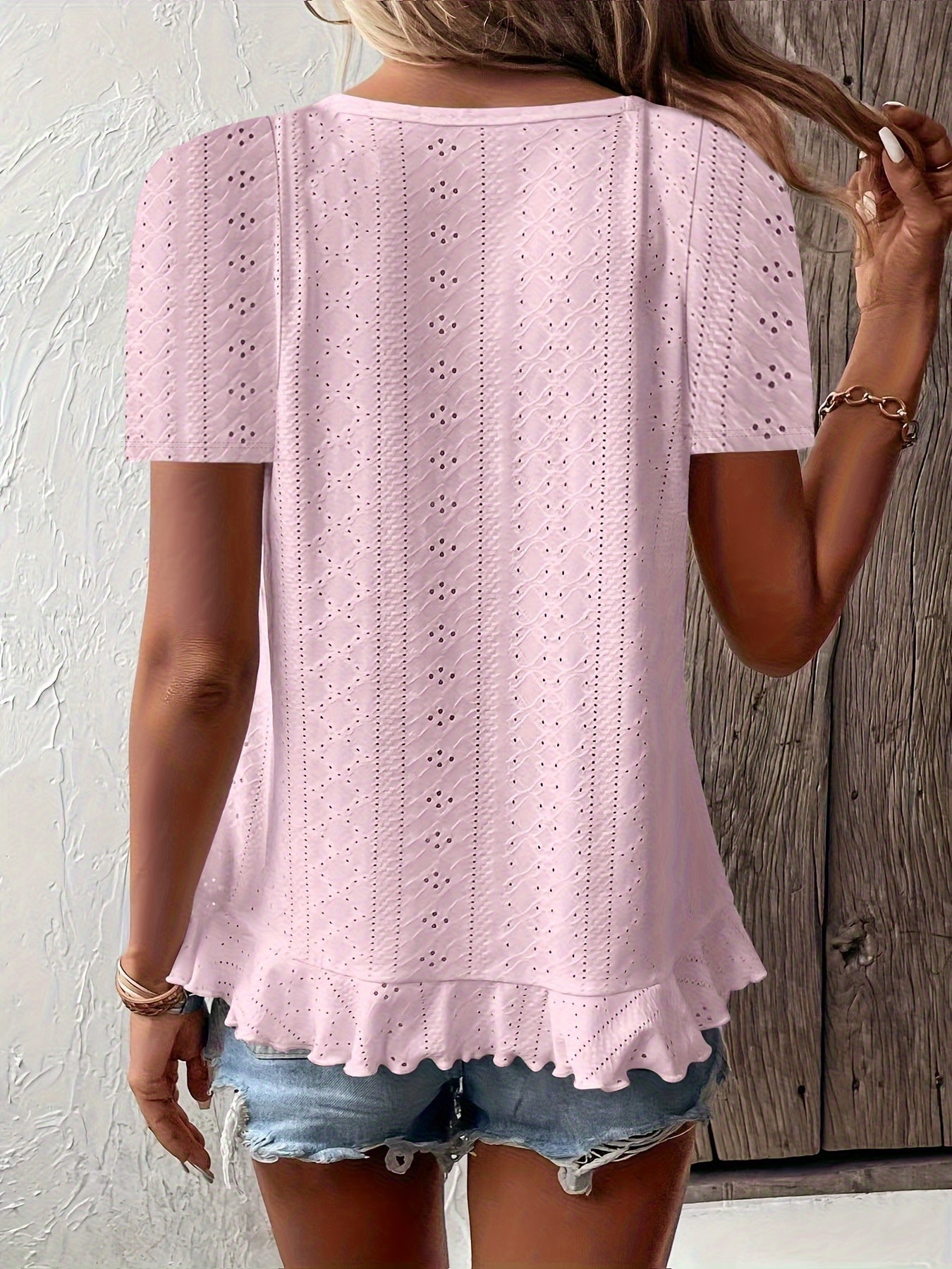 Women's Ruffle Trim Blouse - Classic Neck Short Sleeve detail view