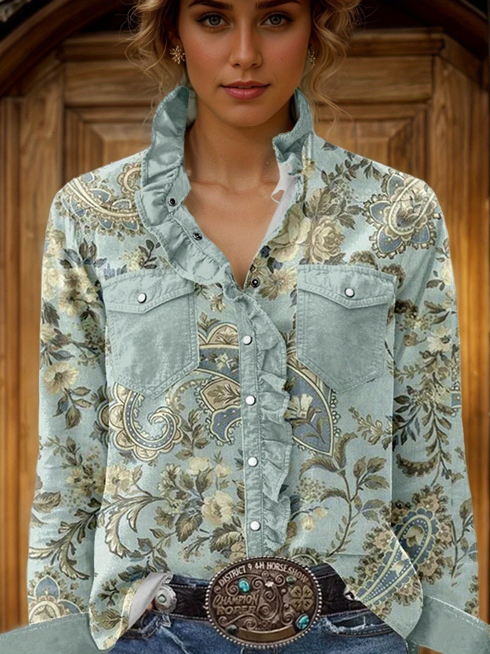 Women's Ruffle Trim Blouse - Collared Long Sleeve detail view