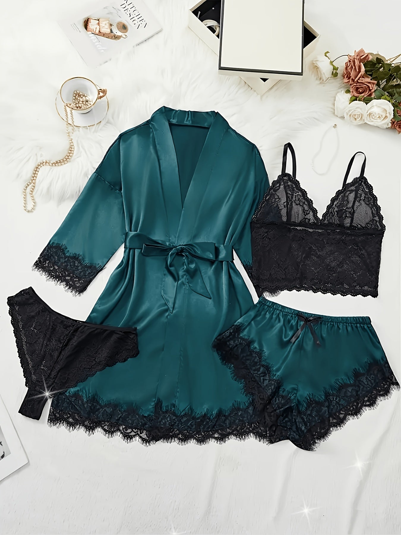 Women's Satin Lace Pajama Set - 4-Piece Camisole, Shorts & Robe – main product image