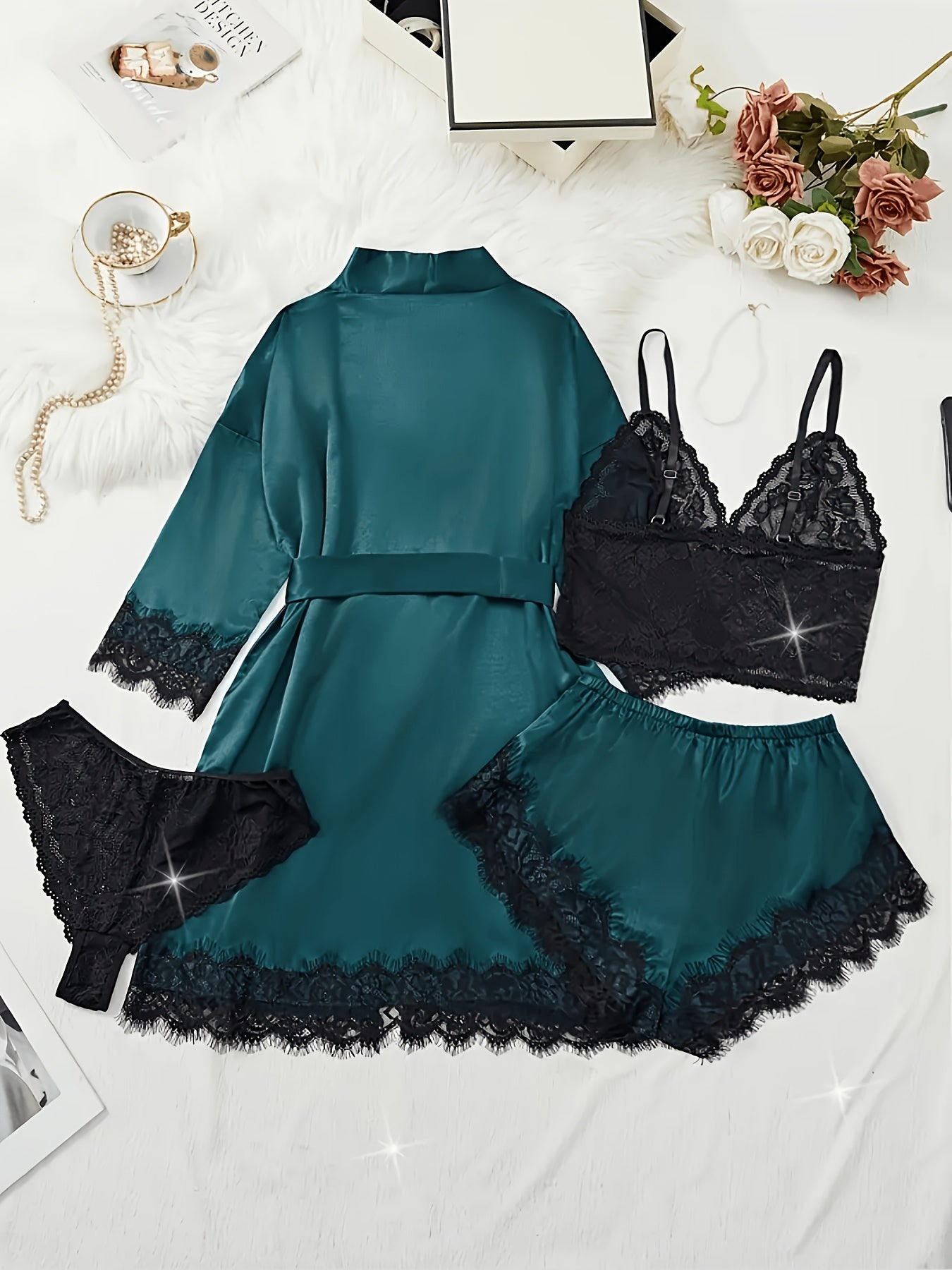 Women's Satin Lace Pajama Set - 4-Piece Camisole, Shorts & Robe – view 4