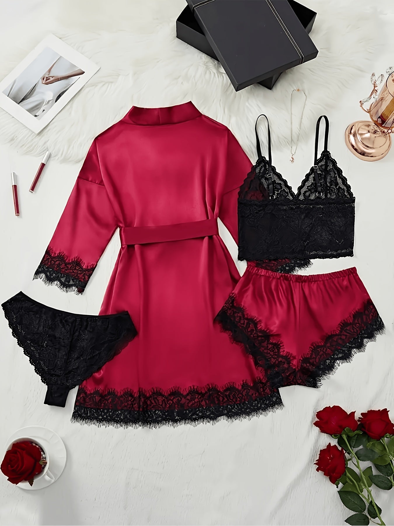 Women's Satin Lace Pajama Set - 4-Piece Camisole, Shorts & Robe – view 6