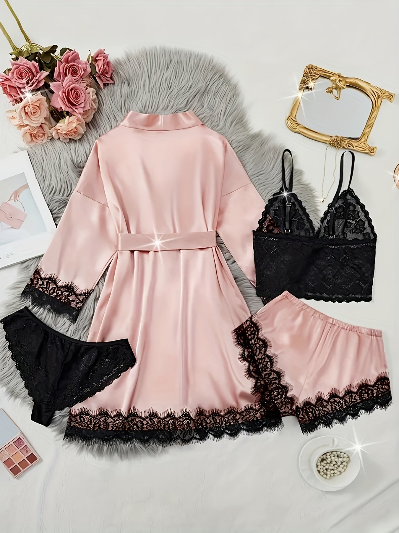 Women's Satin Lace Pajama Set - 4-Piece Camisole, Shorts & Robe – view 7