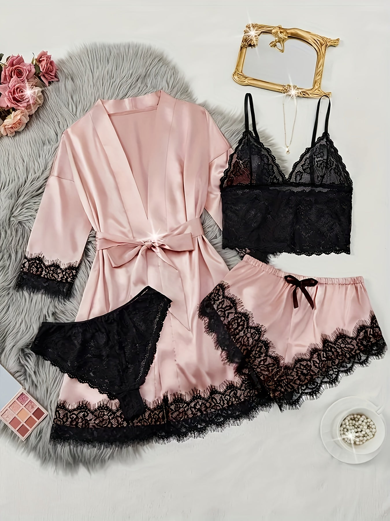 Women's Satin Lace Pajama Set - 4-Piece Camisole, Shorts & Robe – view 8