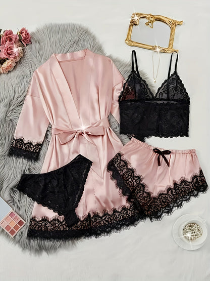 Women's Satin Lace Pajama Set - 4-Piece Camisole, Shorts & Robe – view 8