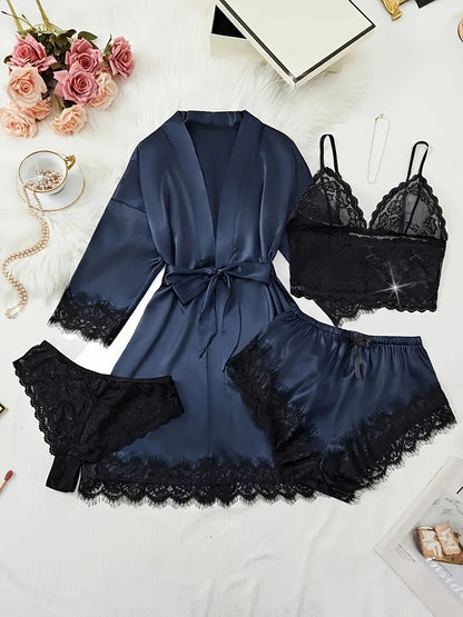 Women's Satin Lace Pajama Set - 4-Piece Camisole, Shorts & Robe – view 10